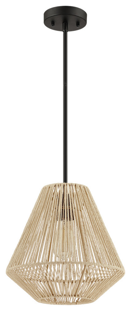 12" W 1-Light Rattan Single Pendant Light With Black Canopy