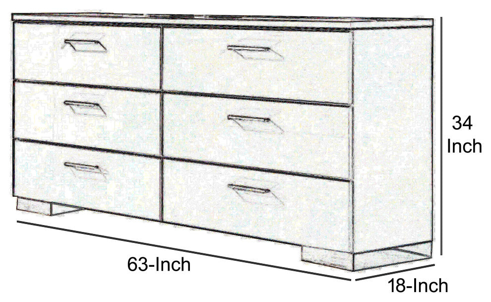 High Gloss Finish Wood and Metal Dresser with 6 Spacious Drawers,White