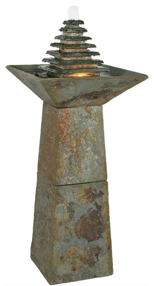 Sunnydaze Layered Slate Pyramid Outdoor Water Fountain With LED, 40"