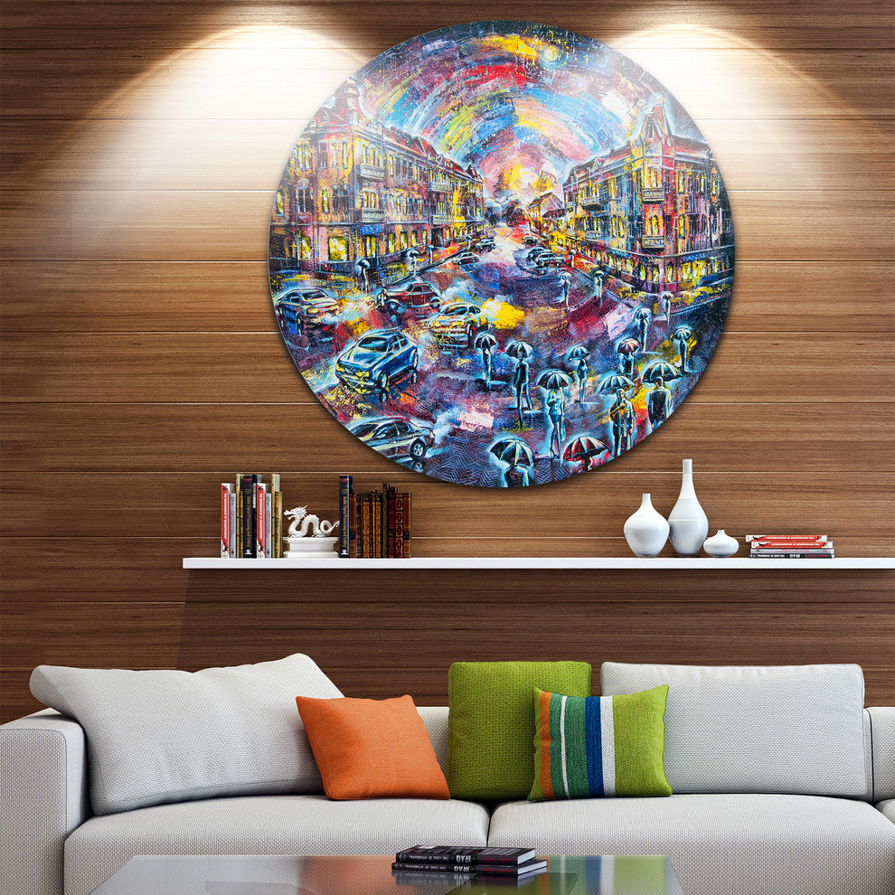 Surreal City At Night, Cityscape Large Disc Metal Wall Art, 38"
