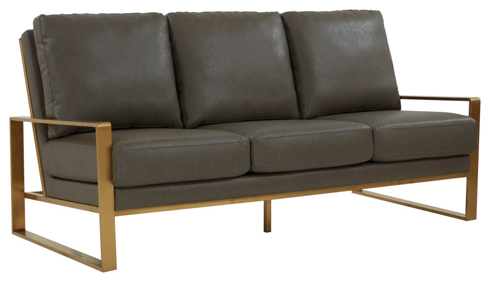 LeisureMod Jefferson Modern Design Faux Leather Sofa With Gold Frame, Gray