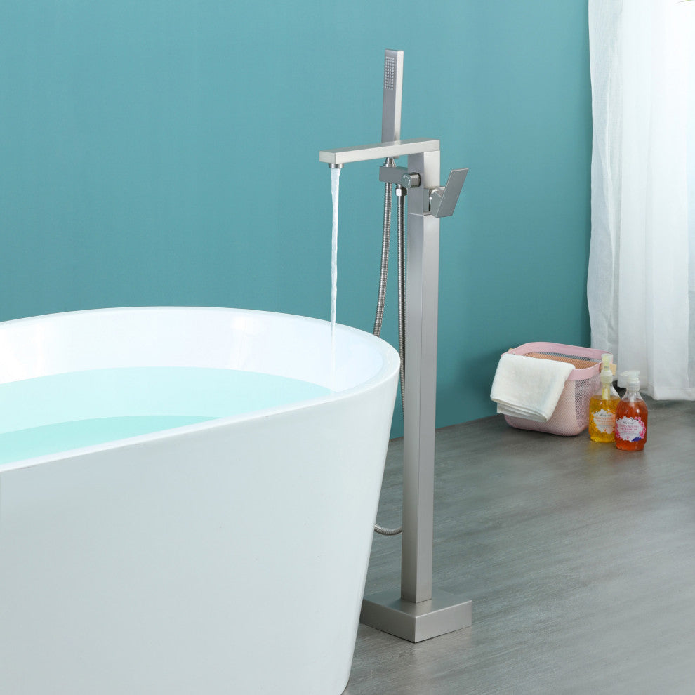 Wellfor Waterfall Floor Mounted Tub Faucet With Hand Held Shower, Brushed Nickel