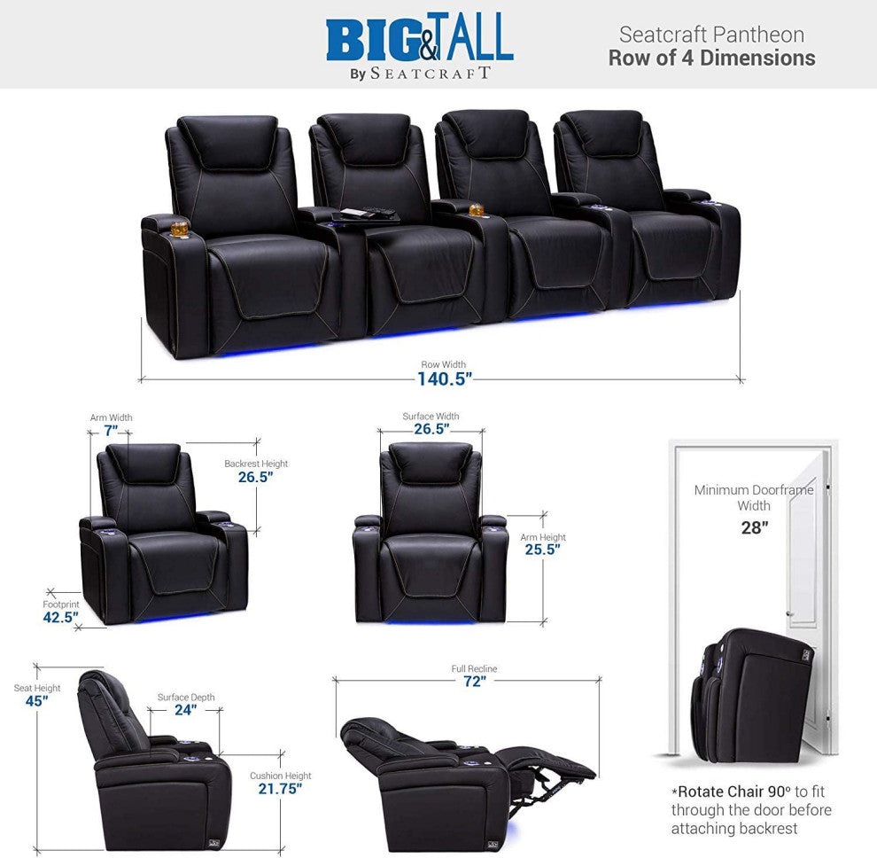 Seatcraft Pantheon Home Theater Seating, Black, Row of 4