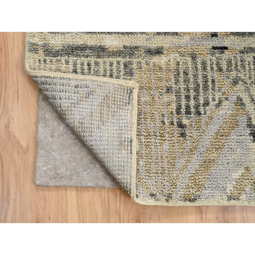 Gray, Erased Ethnic Geometric Design, Pure Wool Hand Knotted Rug, 9'1" x 12'0"