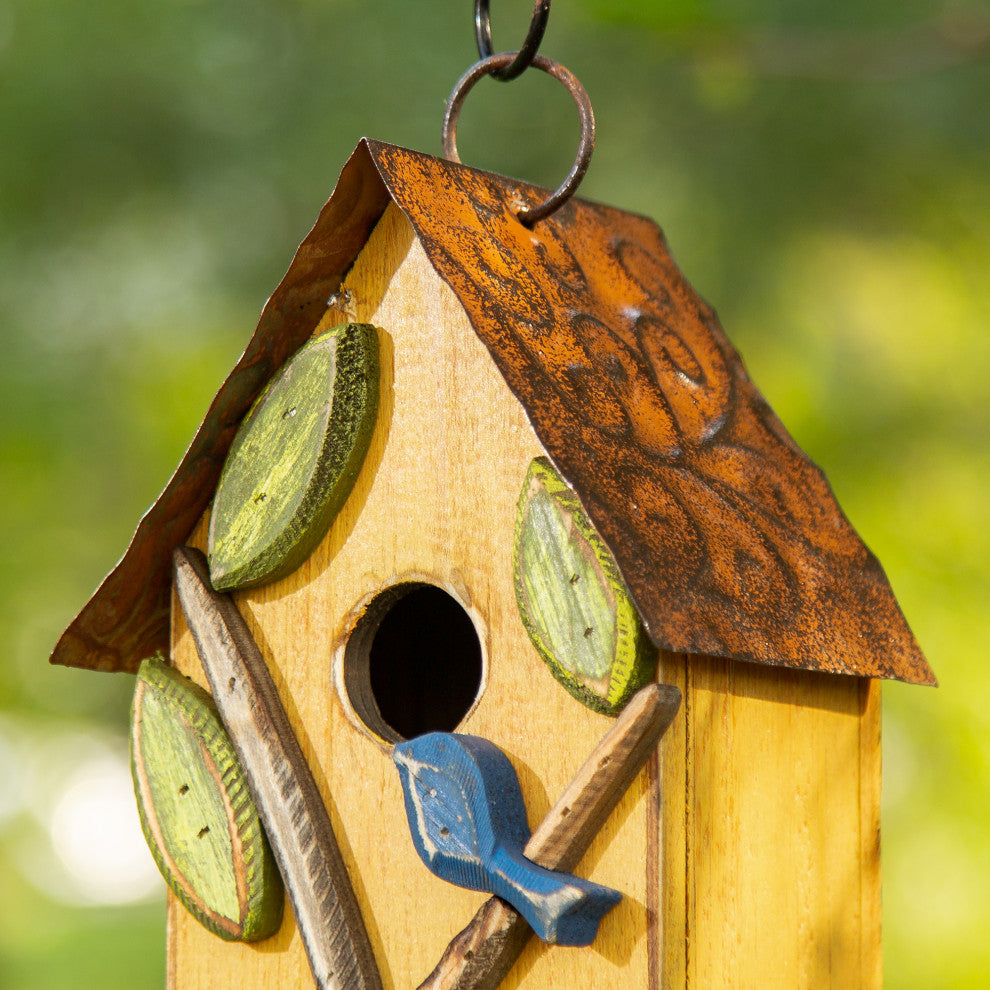 9.75"H Washed Yellow Distressed Solid Wood Birdhouse With 3D Tree and Bird