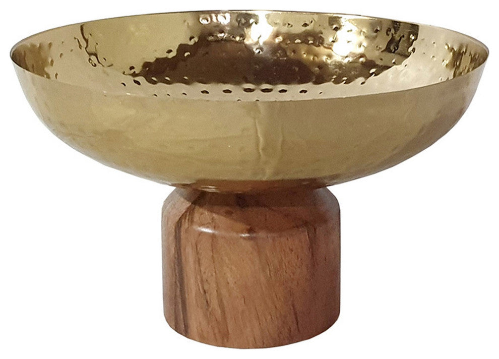 Benzara BM284951 10" Medium Acacia Wood Table Bowl Steel Decorative, Gold