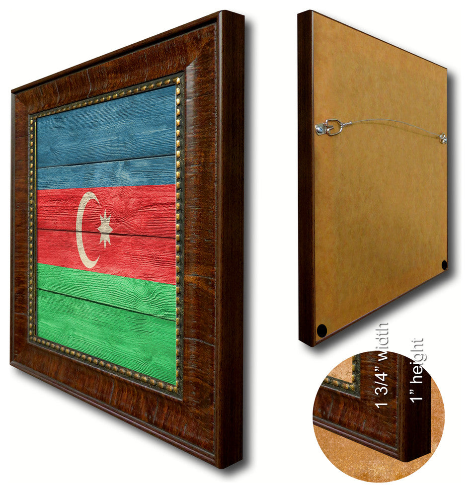 Azerbaijan Country Textured Flag Print With Brown Gold Frame, 19"X27"
