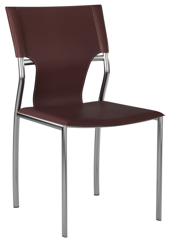 Leather Dining Chair With Chrome Legs Set of 4, Dark Brown