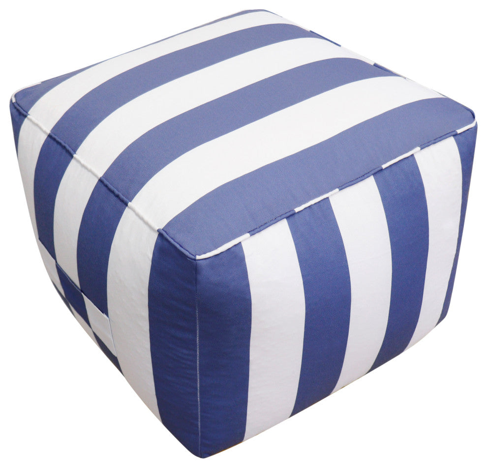 Pasargad Home Galaxy Collection White/Blue Poly Fabric Striped Pouf