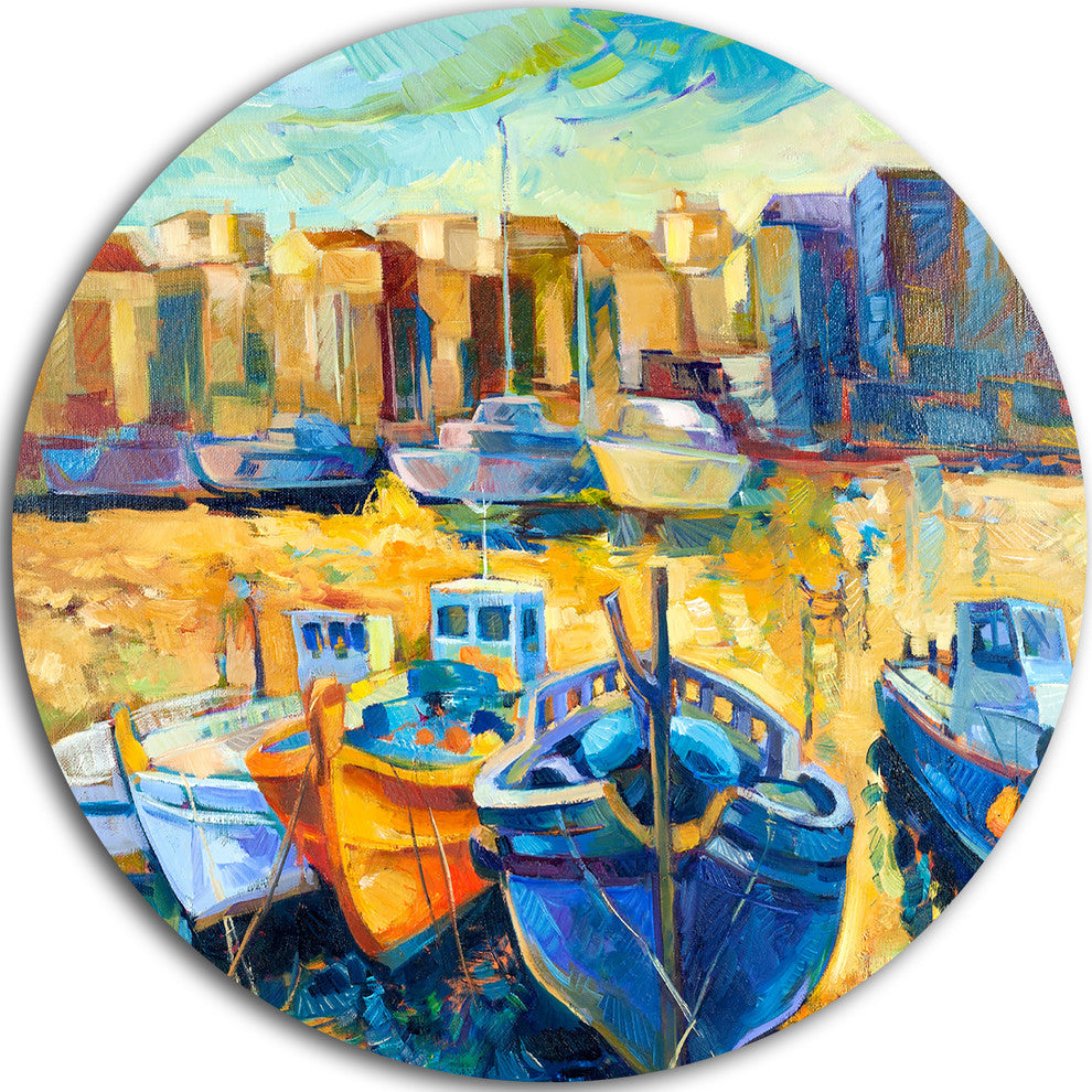 Wharf And Boats, Seascape Painting Disc Metal Artwork, 36"