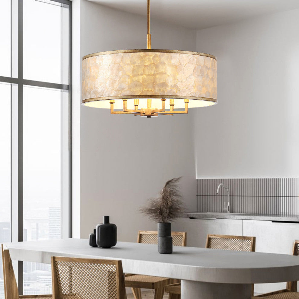 GetLedel 24" 6-Light Capiz Shell Drum Chandelier, Distressed Gold