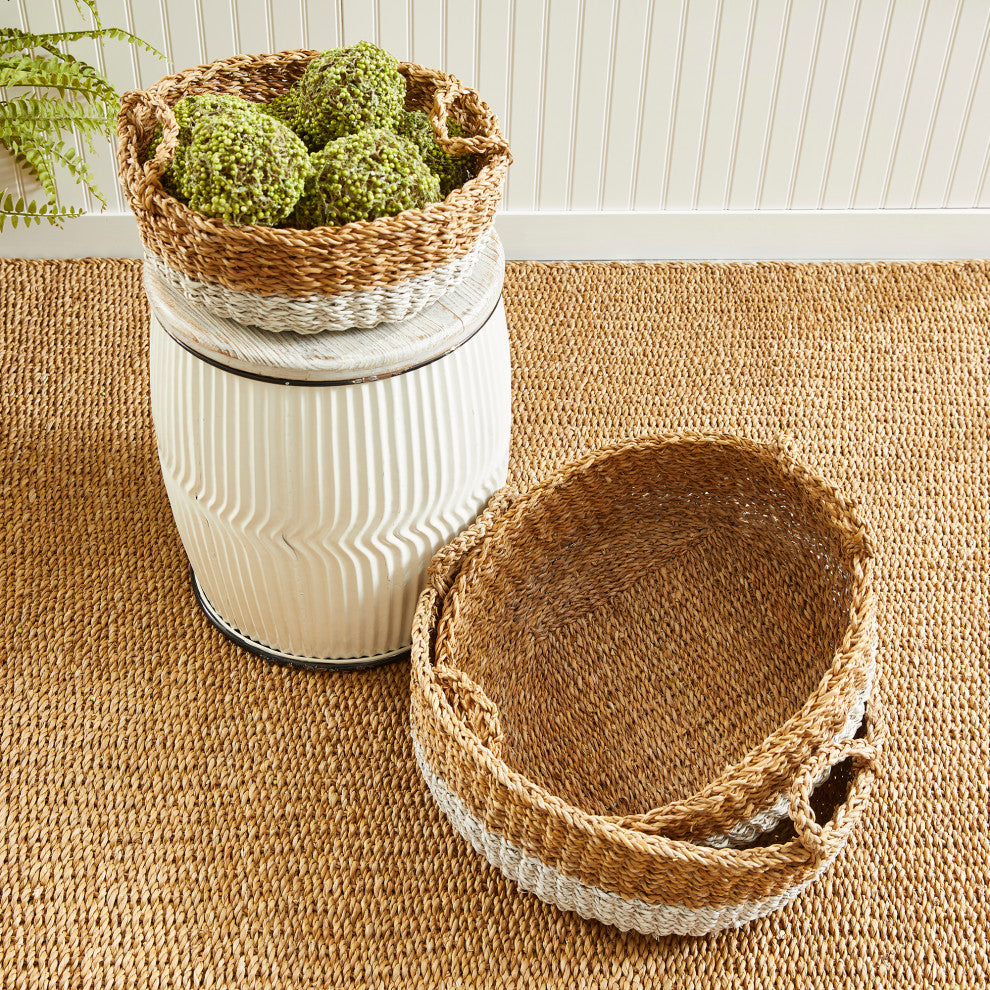 Seagrass Shallow Baskets With Handles, Natural and White, Set of 3