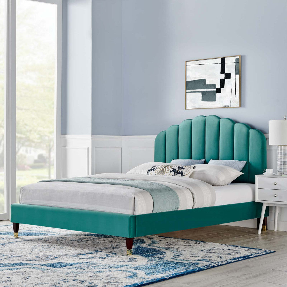 Platform Bed Frame, Queen Size, Teal Blue, Velvet, Modern, Bedroom Guest Suite