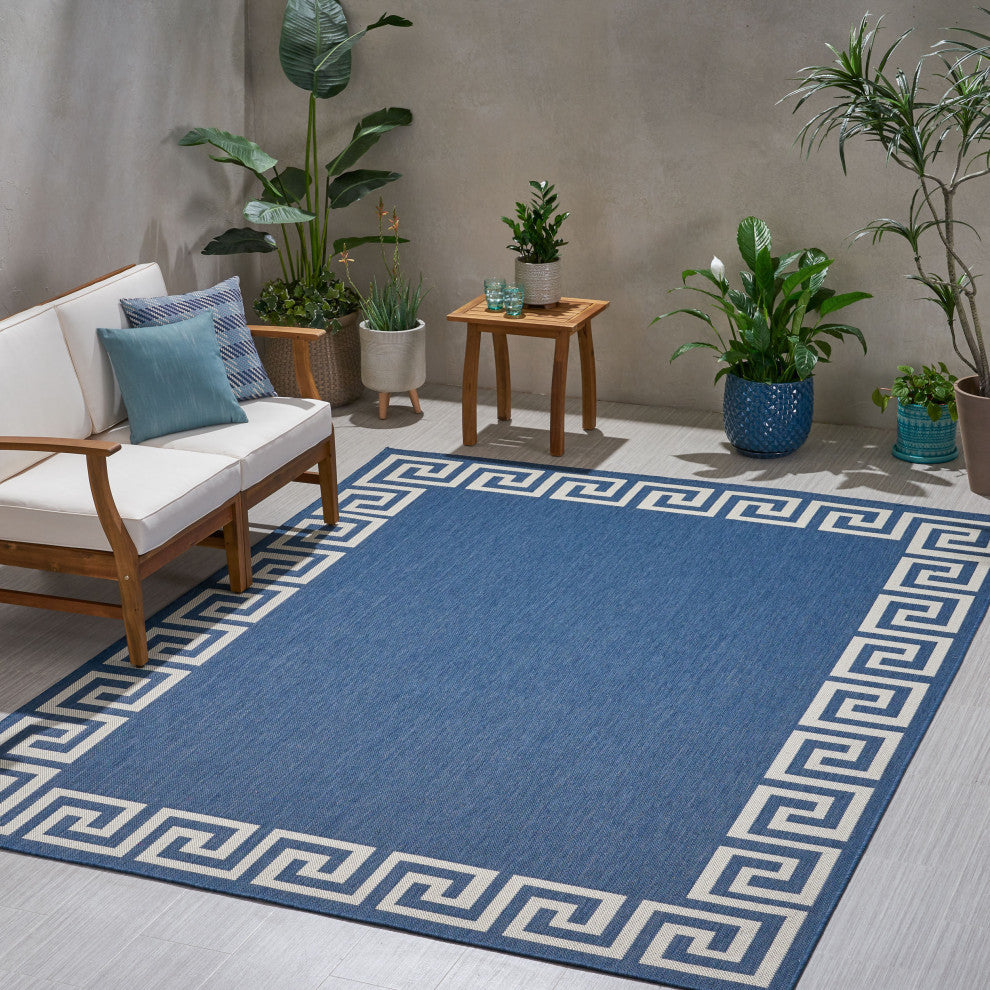 Davian Outdoor Area Rug, Blue and Ivory, 7'10"x10'