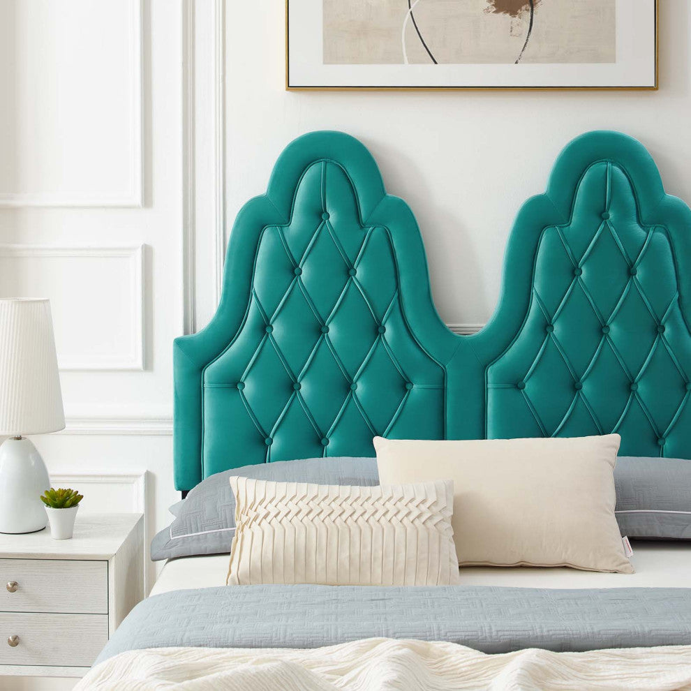 Tufted Platform Bed Frame, Twin Size, Velvet, Teal Blue, Modern Contemporary