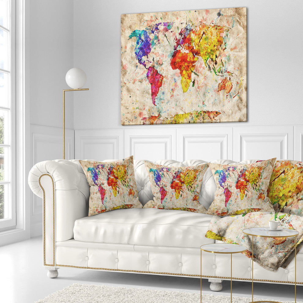 Vintage World Map Watercolor Map Throw Pillow, 16"x16"
