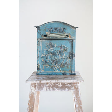 Embossed Tin Post Box, Distressed Finish, Blue