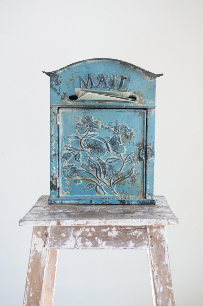 Embossed Tin Post Box, Distressed Finish, Blue