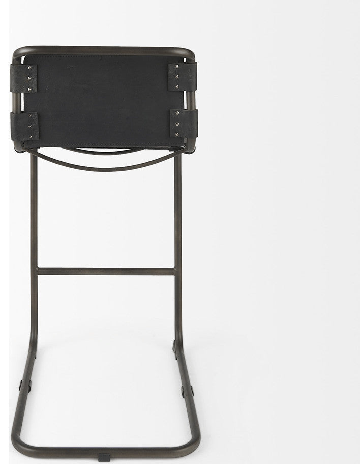 30" Black And Gunmetal Gray Leather And Iron Bar Height Bar Chair
