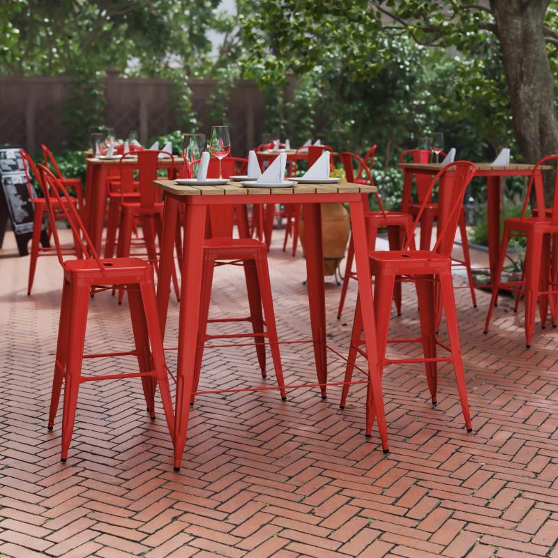 Declan Commercial Indoor/Outdoor Bar Top Square Table, 31.5", Brown/Red