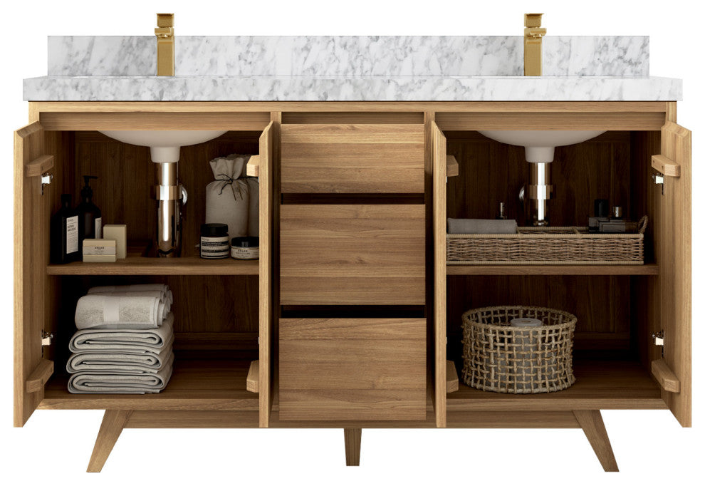 Madison Teak 60 Double Bathroom Vanity in Light Natural 2" Carrara Marble