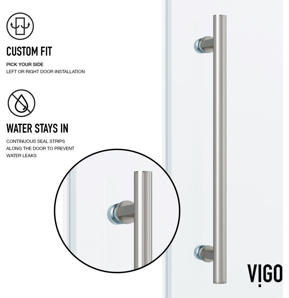 VIGO Elan 48" to 52" W x 74" H Frameless Sliding Shower Door, Stainless Steel, Clear Glass