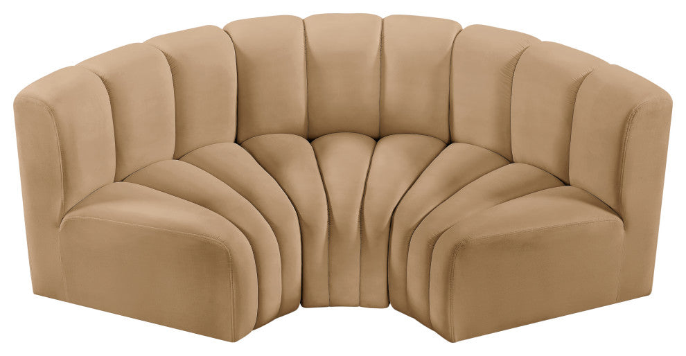 Arc Velvet Upholstered 3-Pc. Inward Curved Modular Sectional, Camel