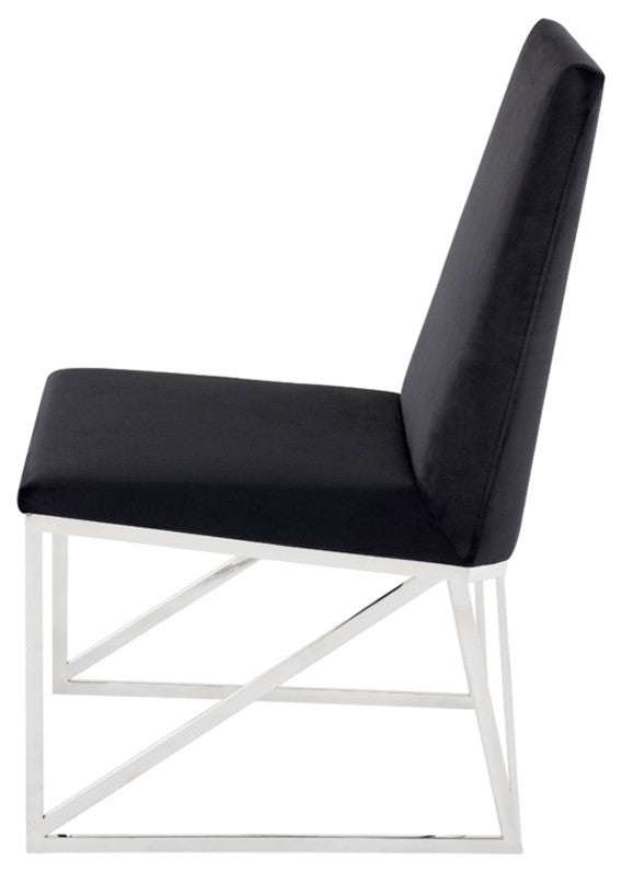 Caprice Dining Chair, Velour Fabric Armless Chair, Stainless Steel Base, Black