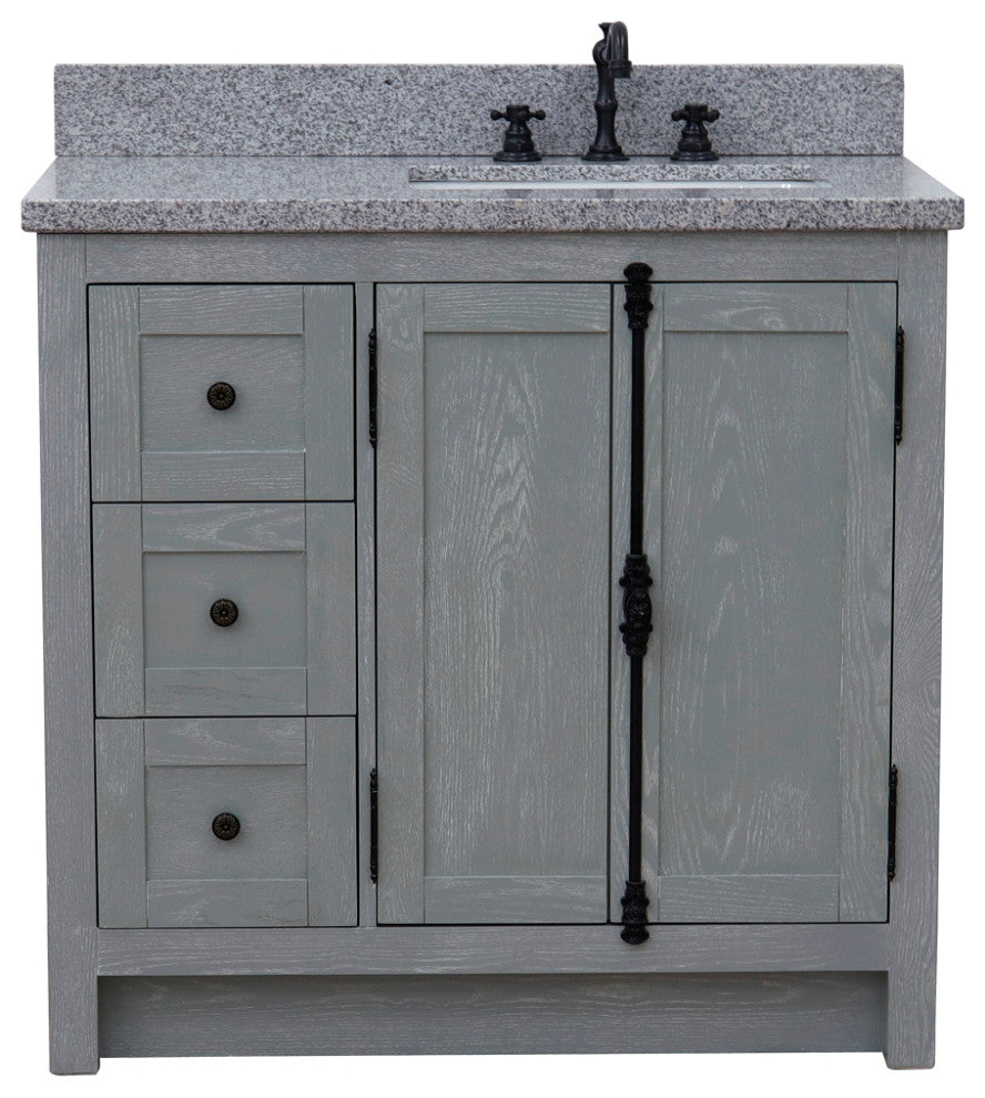 37" Vanity, Gray Ash With Gray Granite Top, Right Doors/Right Rectangle Sink