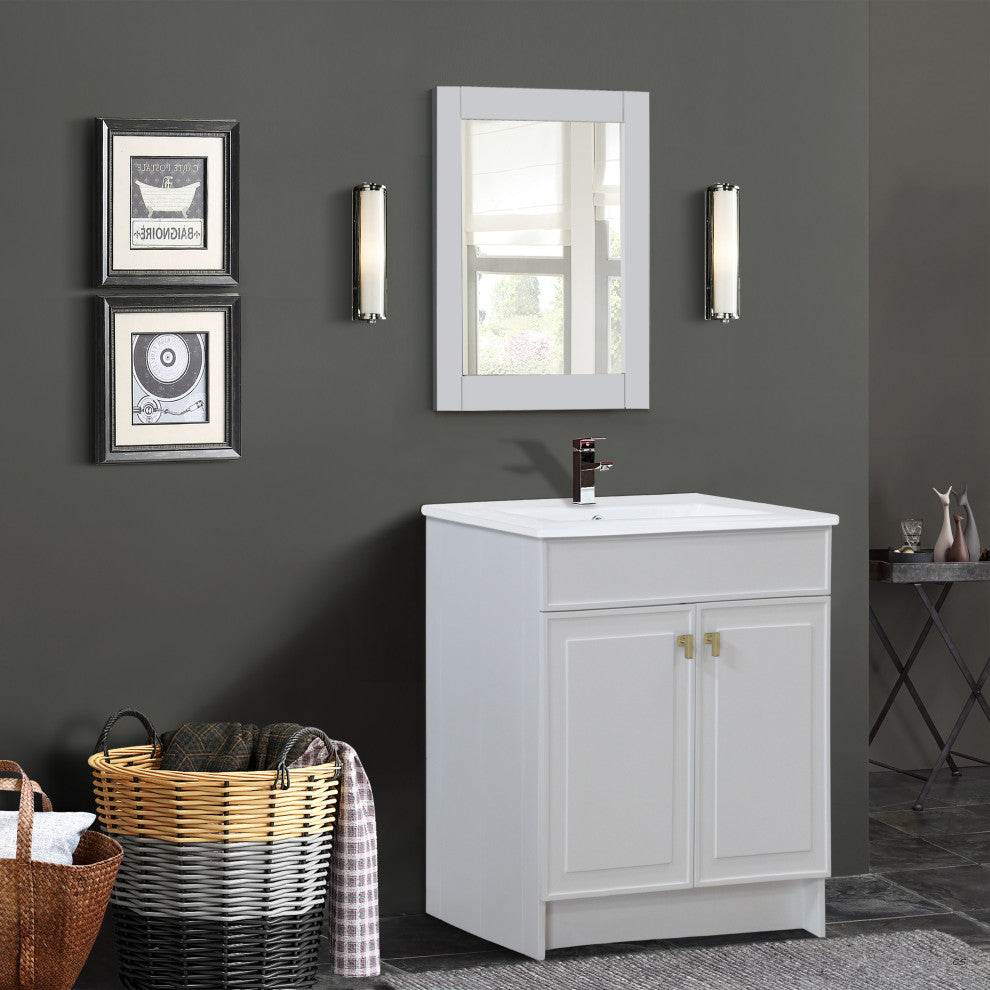 SmartFold 31" Single Sink Vanity, White With White Ceramic Top, Brushed Gold