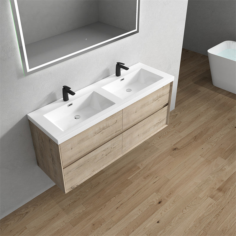 Ashley 60'' Floating Vanity, Acrylic Top, Double Sink, Light Oak