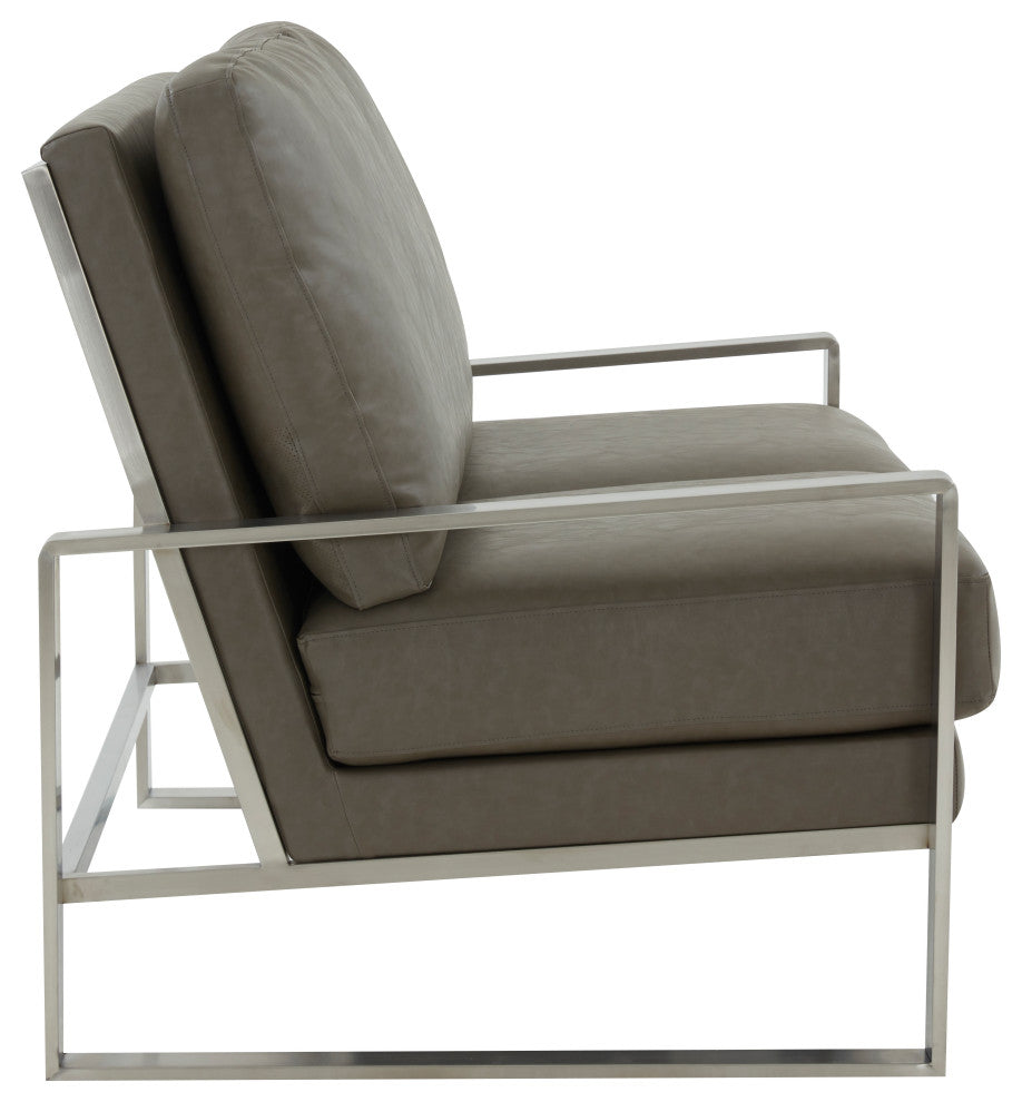 LeisureMod Jefferson Modern Faux Leather Loveseat With Silver Frame, Gray