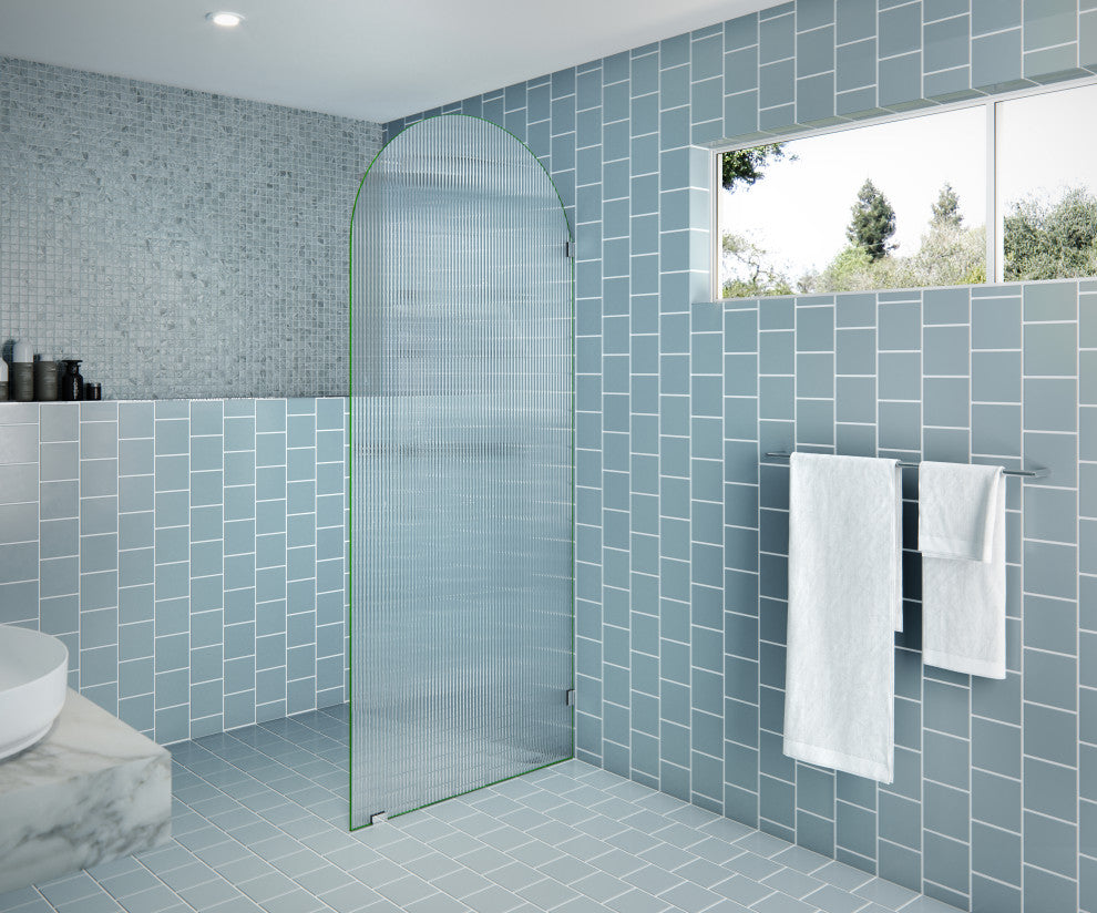 34"x86.75" Frameless Shower Door, Arched Fluted Single Fixed Panel, Polished Chrome