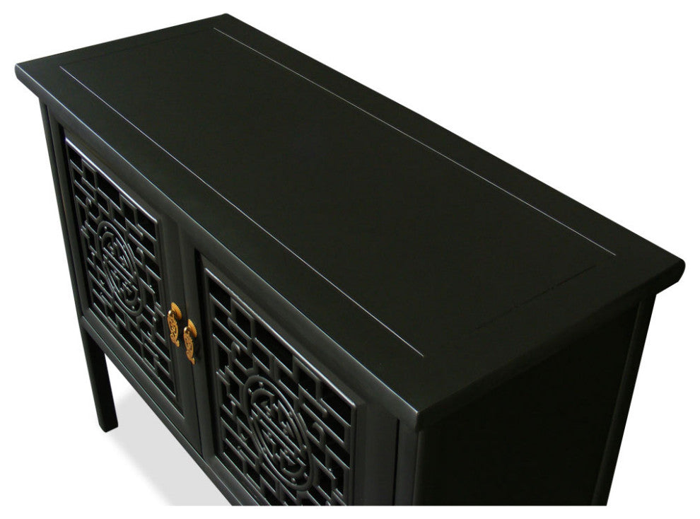 Black Elmwood Chinese Longevity Motif Cabinet with Lattice Doors