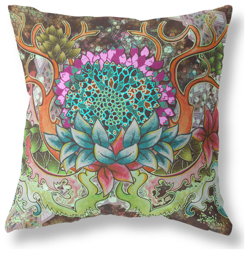 18" Green Orange Flower Bloom Suede Throw Pillow