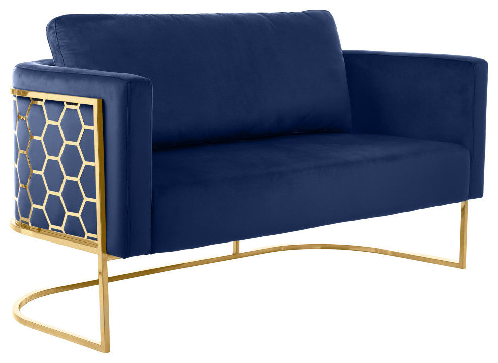 Casa Velvet Upholstered Loveseat, Navy, Gold Finish