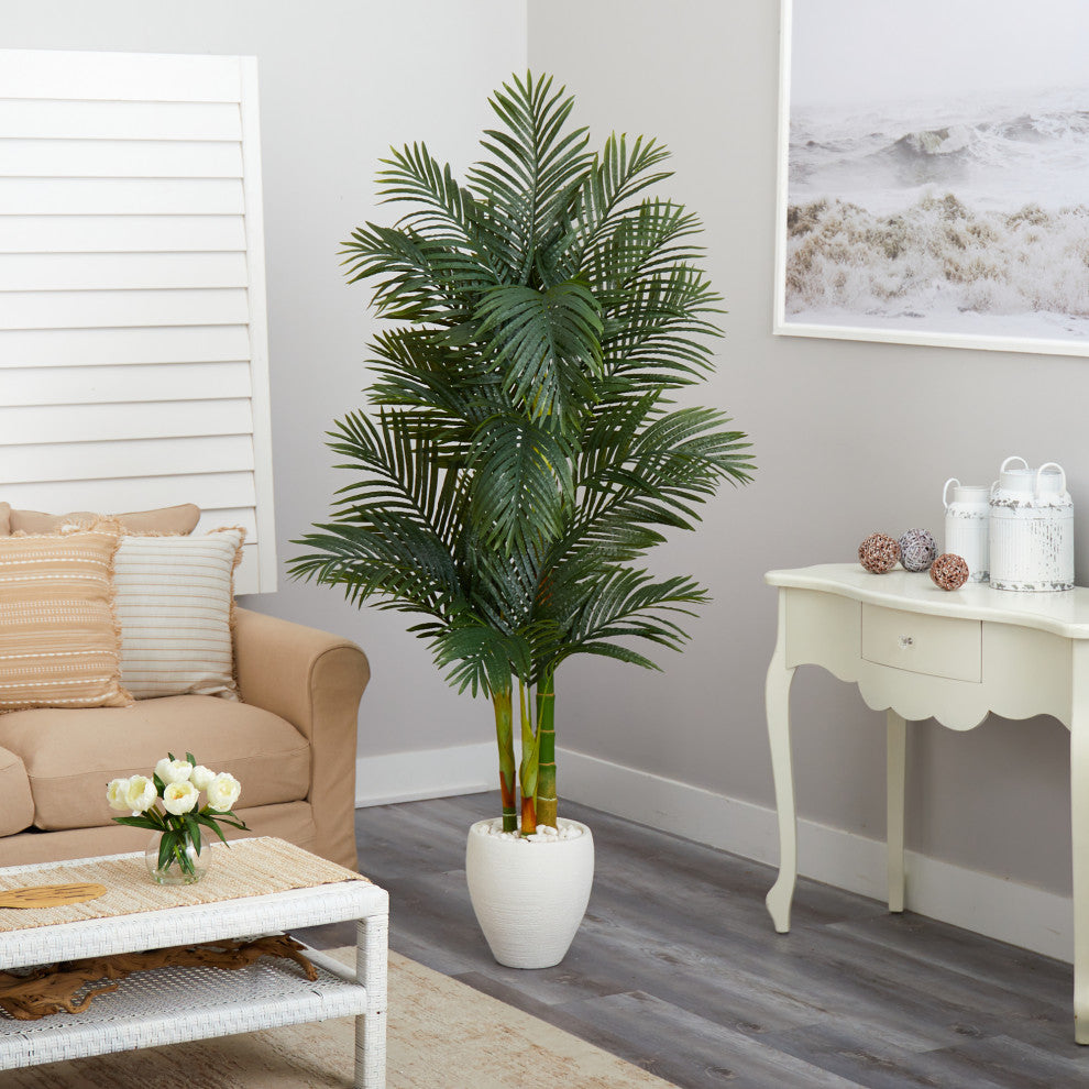 6' Golden Cane Artificial Palm Tree, White Planter