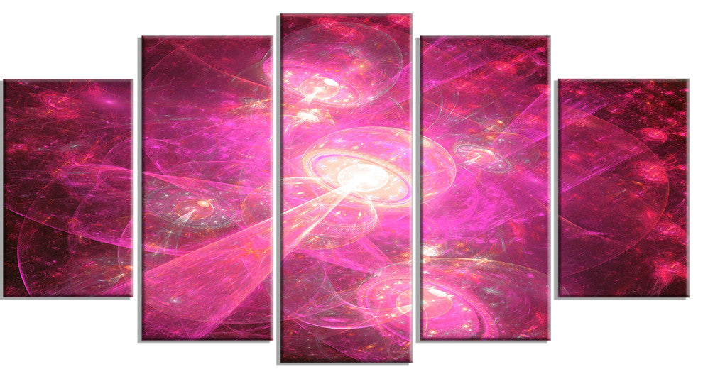 Pink Fractal Space Theme, Contemporary Canvas Art Print, 60"x32", 5 Panels