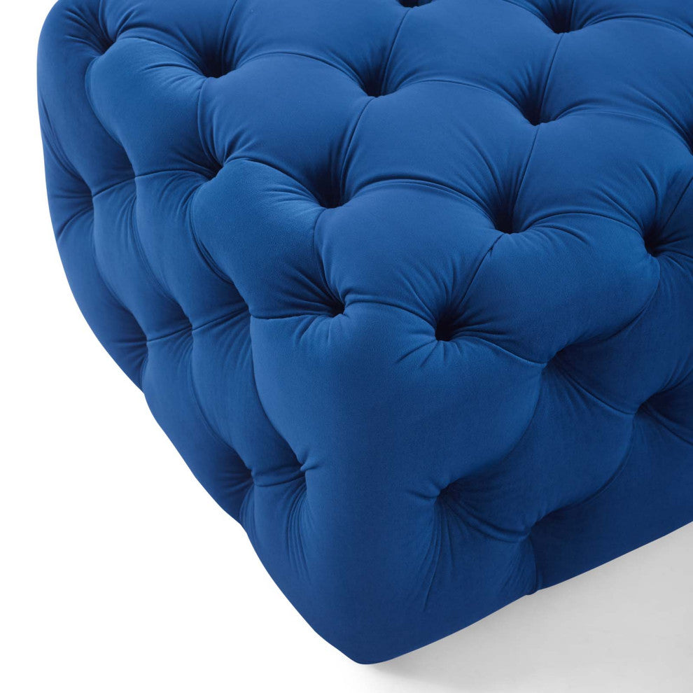 Anthem Tufted Button Square Performance Velvet Ottoman Navy