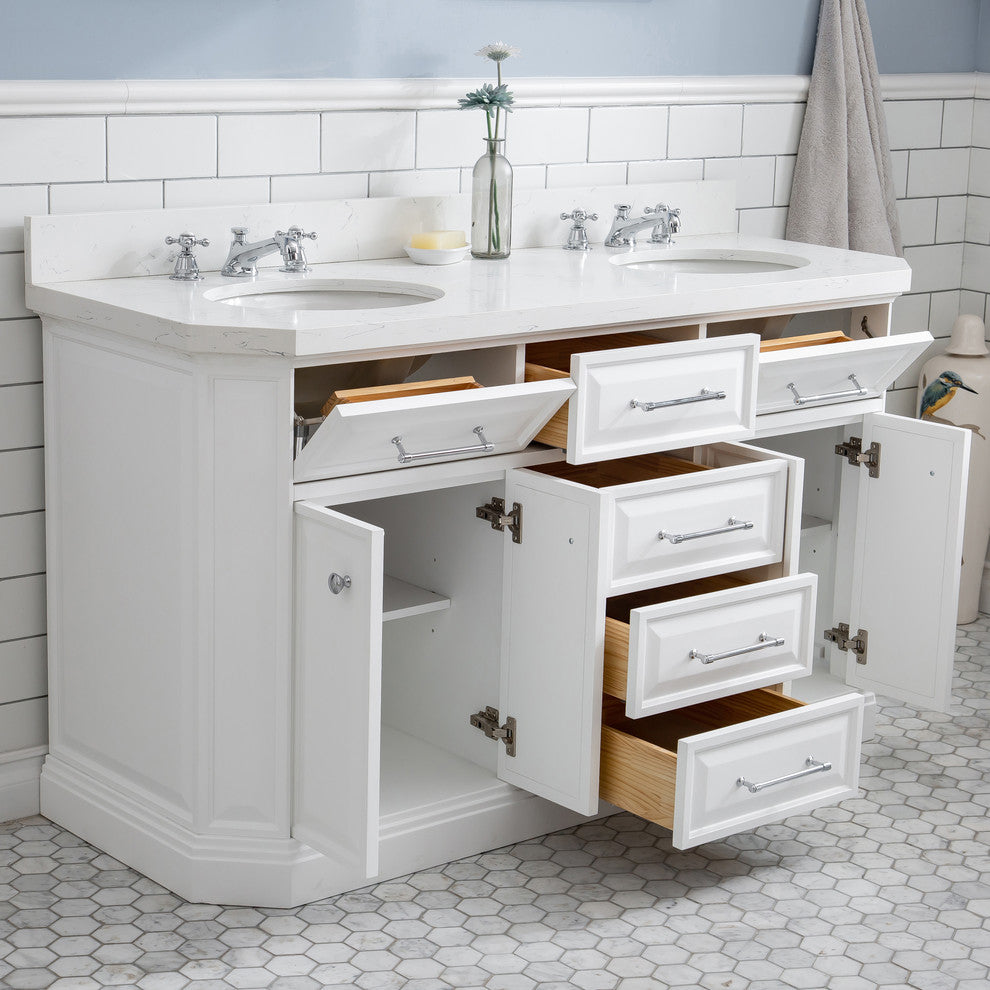 60" Palace Quartz Carrara Pure White Vanity With Hardware, Mirror