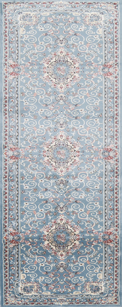 Light Blue Floral Medallion Transitional Turkish Rug Oriental Carpet 3x8