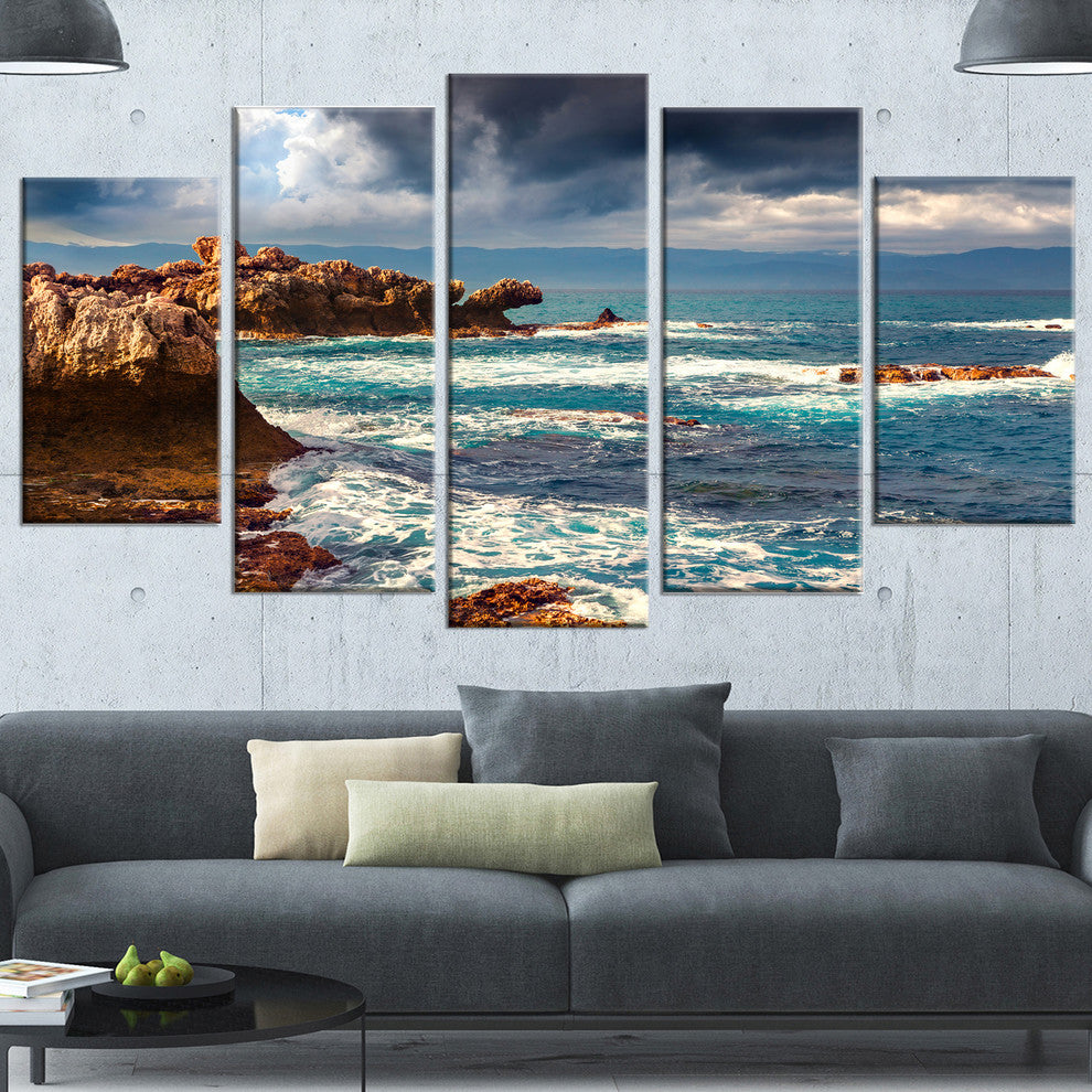 Volcanic Beach Stormy Weather, Large Seashore Canvas Print, 60"x32", 5 Panels