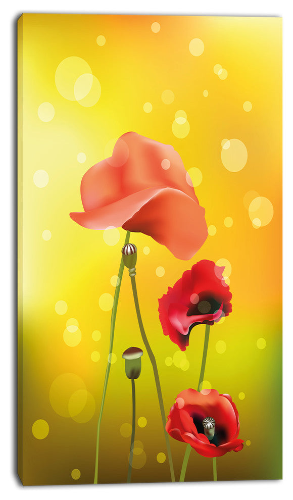 Red Flowers on Yellow Background, Floral Canvas Art Print, 16"x32"