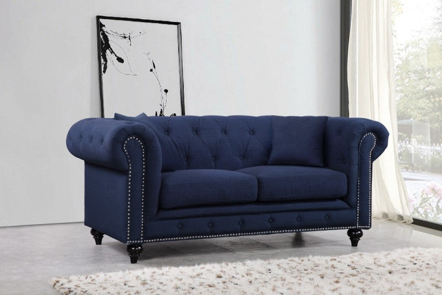 Chesterfield Linen Textured Fabric Upholstered Loveseat, Navy