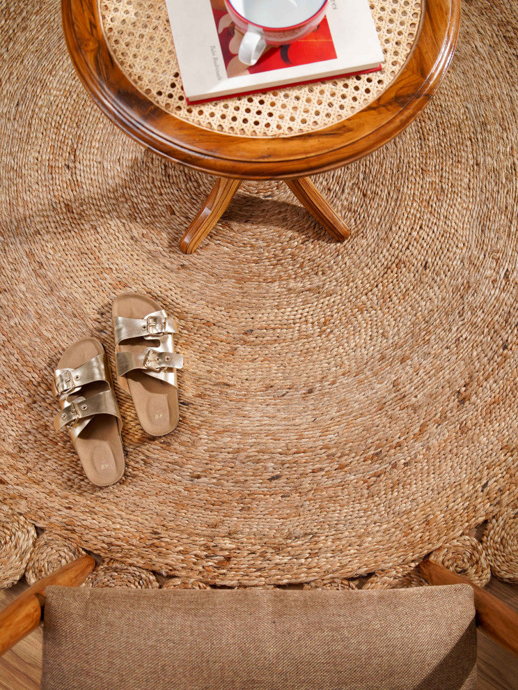 Hand Woven Jute Area Rug Oriental Beige J00001, [Round] 4'x4'