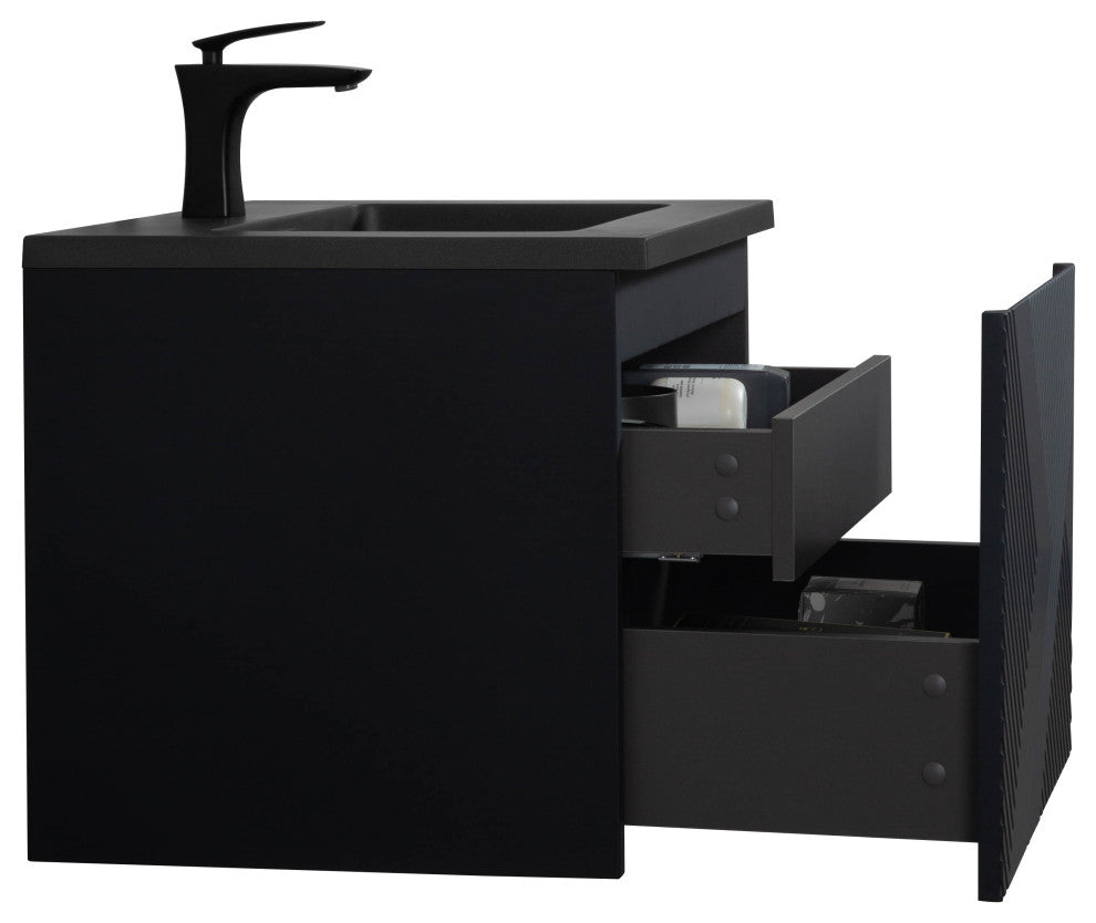 Matte Black Wall Mount Bath Vanity, Integrated Sink, Black Sink, 24"