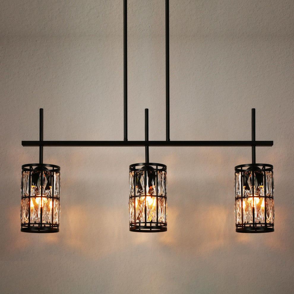 LNC Chispa Black Modern Linear Crystal Large Kitchen Island Light, 3 Lights