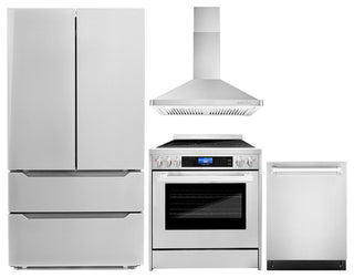 4-Piece, 30" Electric Range, Range Hood, 24" Dishwasher and Refrigerator