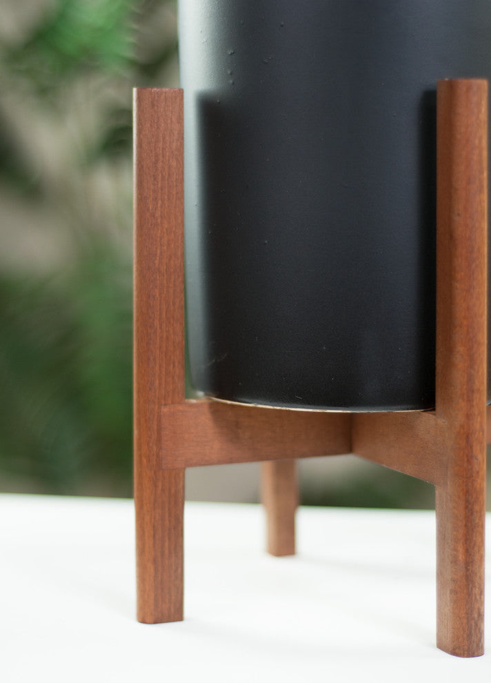 Small Ceramic Pot Cylinder Pot 6"Black With Wood Plant Stand Walnut Color