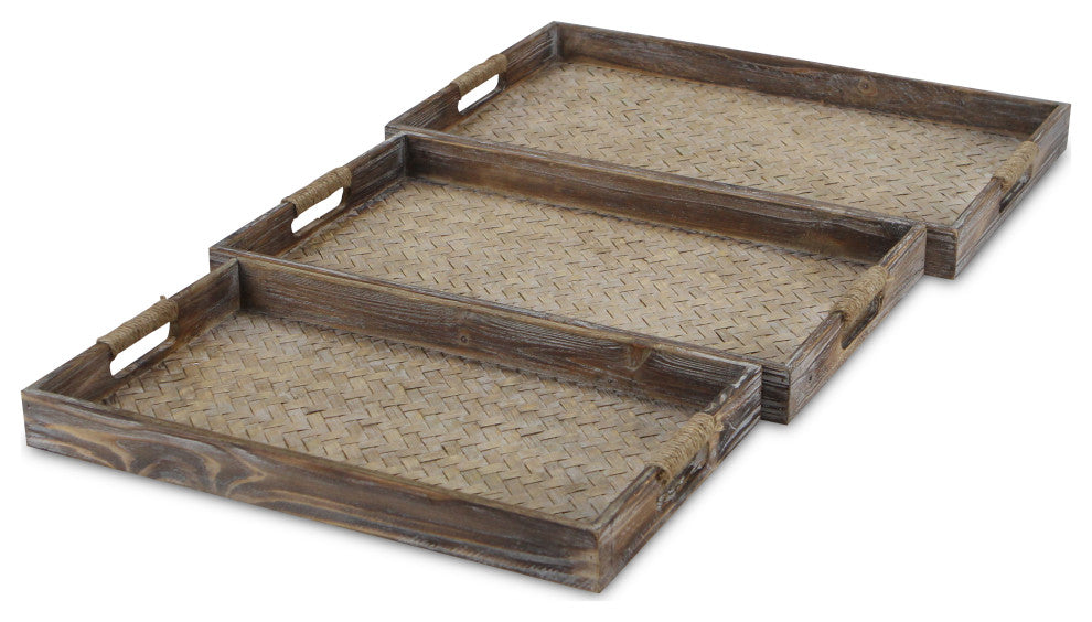 3-Piece Brown Wooden Trays With Center Bamboo Pattern And Rope Handles